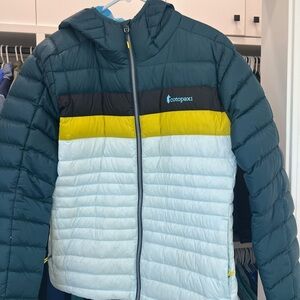 Cotopaxi Women’s Fuego Down Jacket (L) - Teal, Yellow, Black, Light Blue